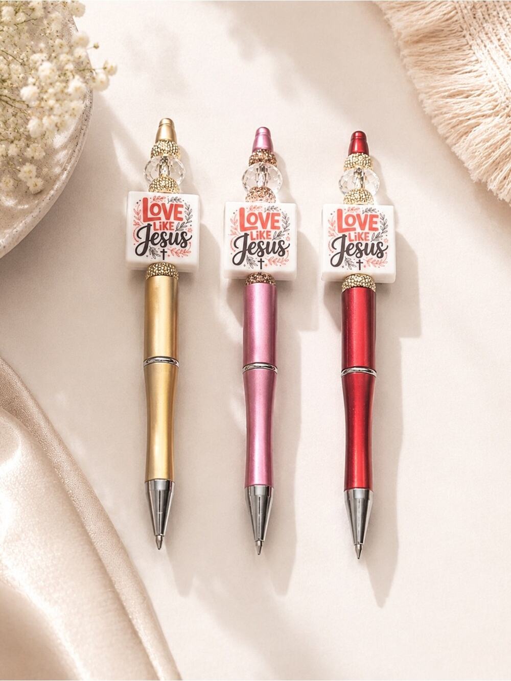 3- Love Like Jesus beaded Pens - Gold, Pink, Red bundle cute religious Christian